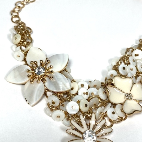 Necklace Bib Flowers Enamel Mother of Pearl Lucite Gold Tone 19”+2” NWT - Picture 4 of 10
